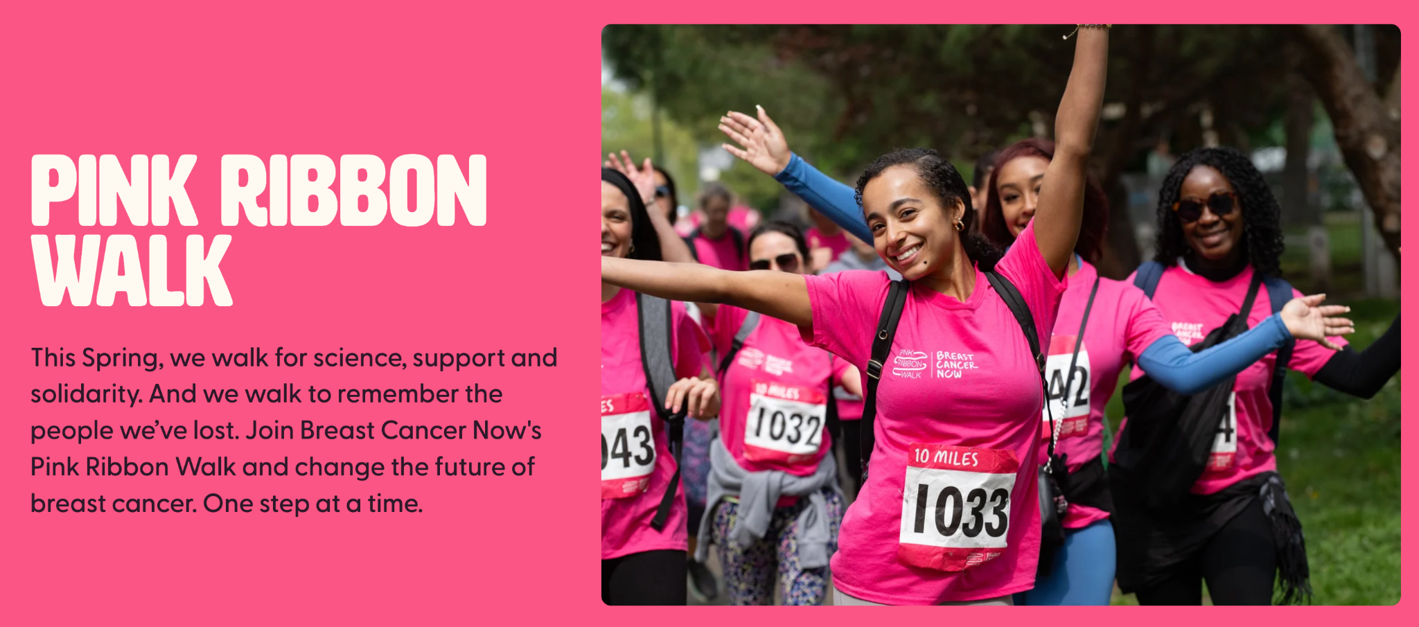 Pink Ribbon Walks official hero banner with a group of volunteers walking to spread awareness around breast cancer.