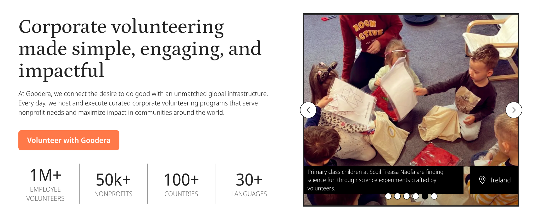 Goodera's home page banner for organizations looking to simplify and scale up their volunteering programs