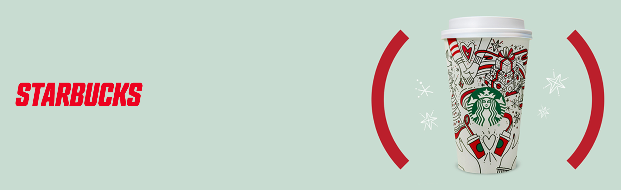 Starbuck's collaboration with RED showing the brand logo in Red font and their iconic coffee cup encased in red brackets
