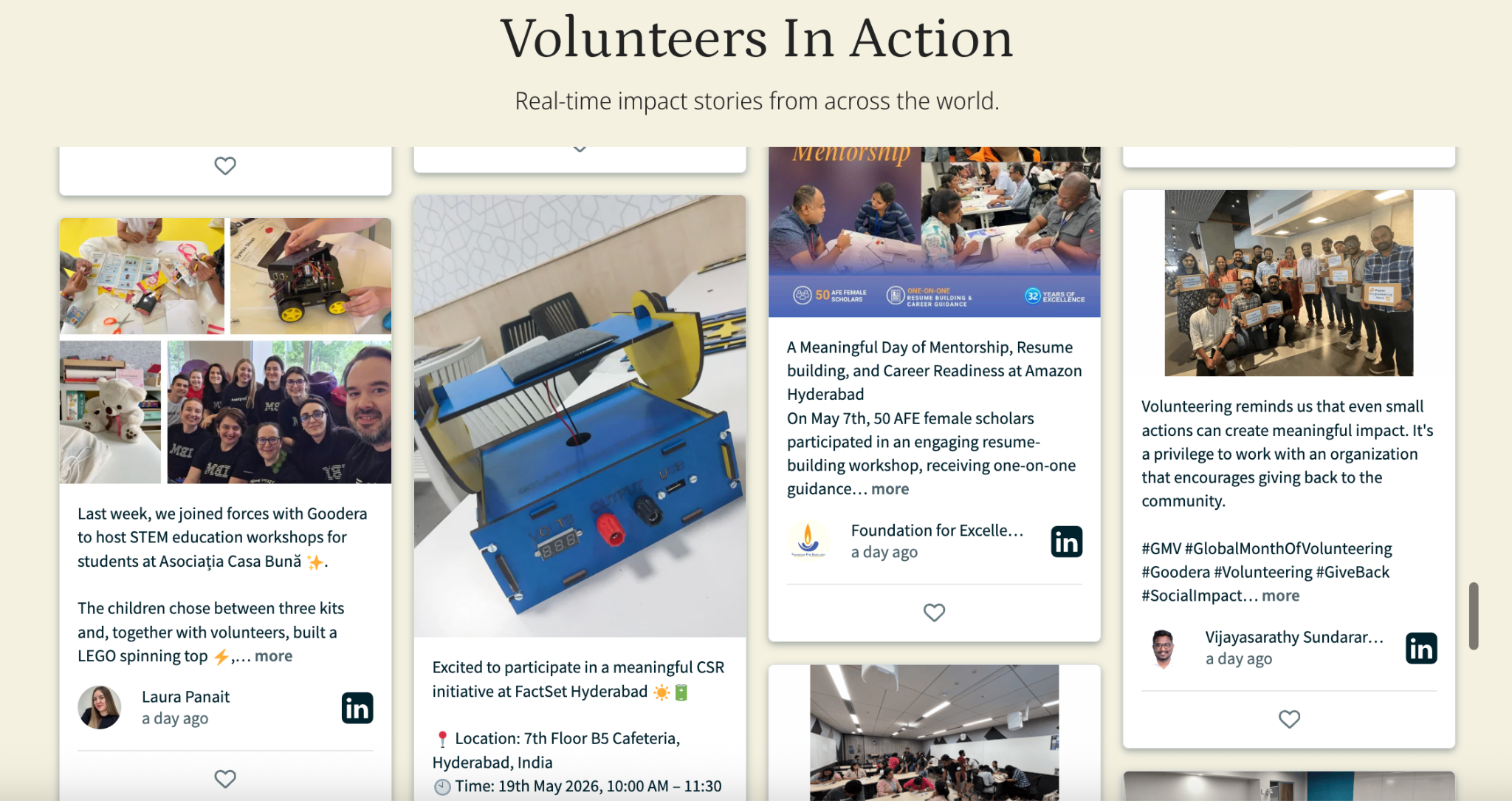 Goodera's social wall showing LinkedIn posts from volunteers who participated in Goodera organized events
