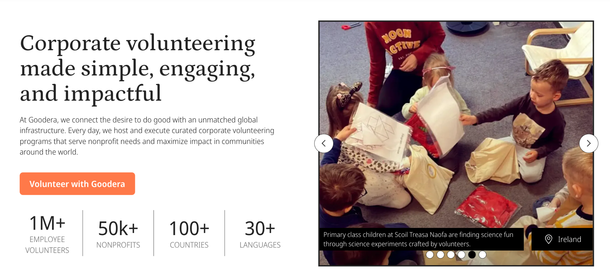 goodera's hero banner showing children interacting with volunteered supplies