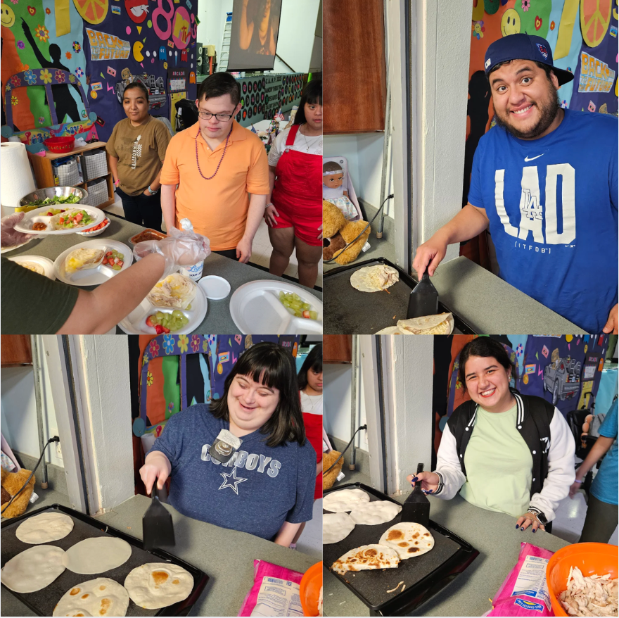 Participants at C.A.M.P. University use volunteer-created recipe cards to prepare a meal, supporting independent living and life skills development for individuals with developmental disabilities.