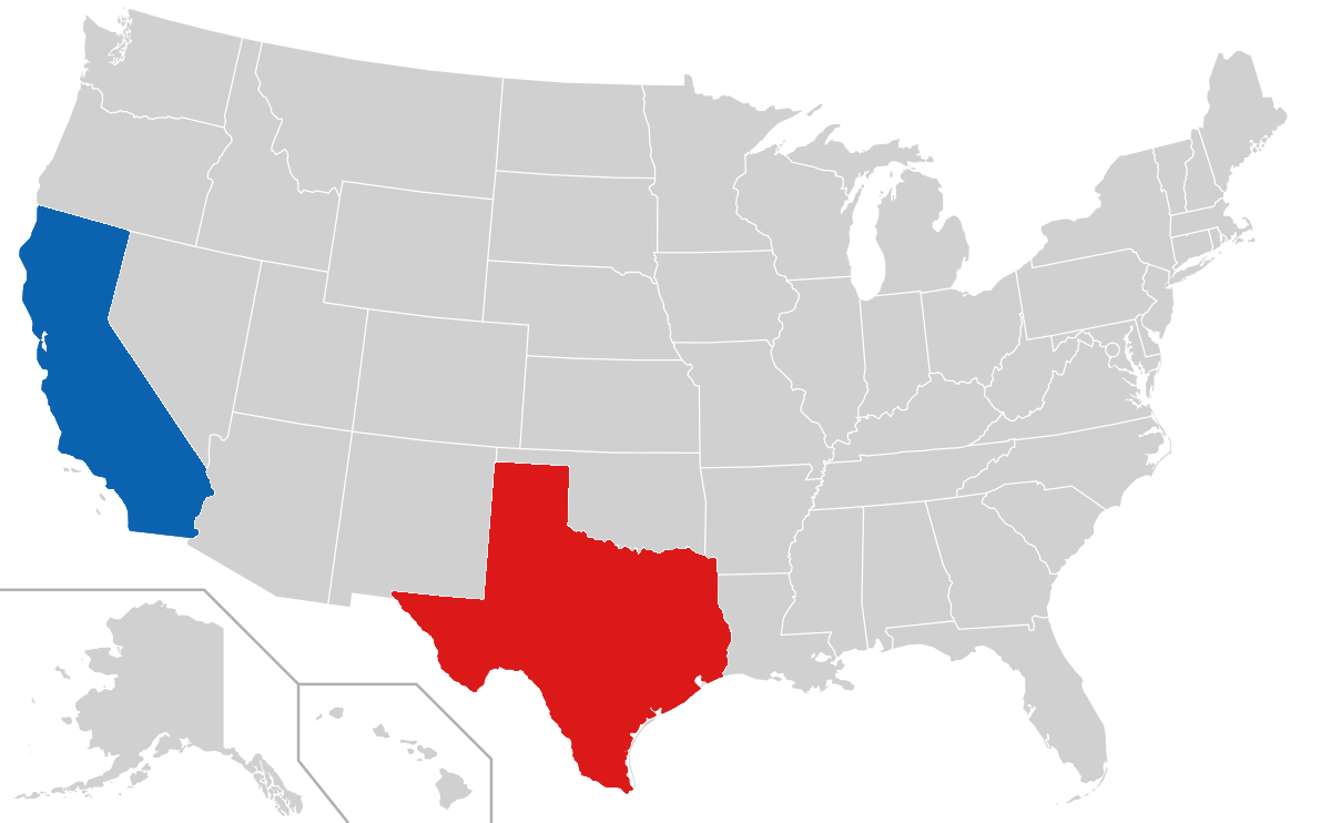 Map of the United States, with California and Texas highlighted