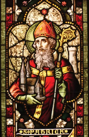 St. Patrick on a stained glass window in the Cathedral of Christ the Light, Oakland, California.