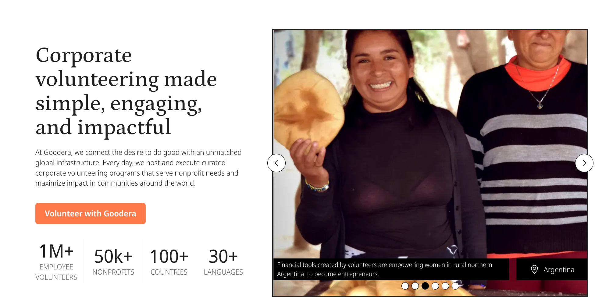 Goodera's hero banner titled 'Corporate volunteering made simple, engaging and impactful.'