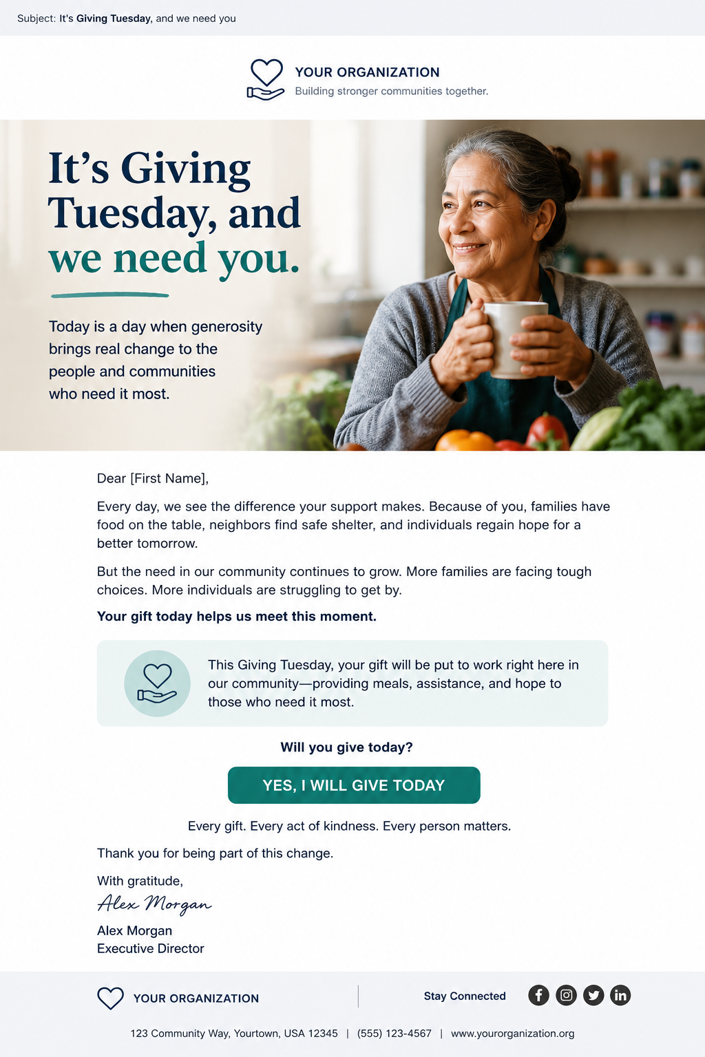 A giving tuesday email with an old woman sipping beverage and a copy that stirs readers to action for donating on Giving Tuesday