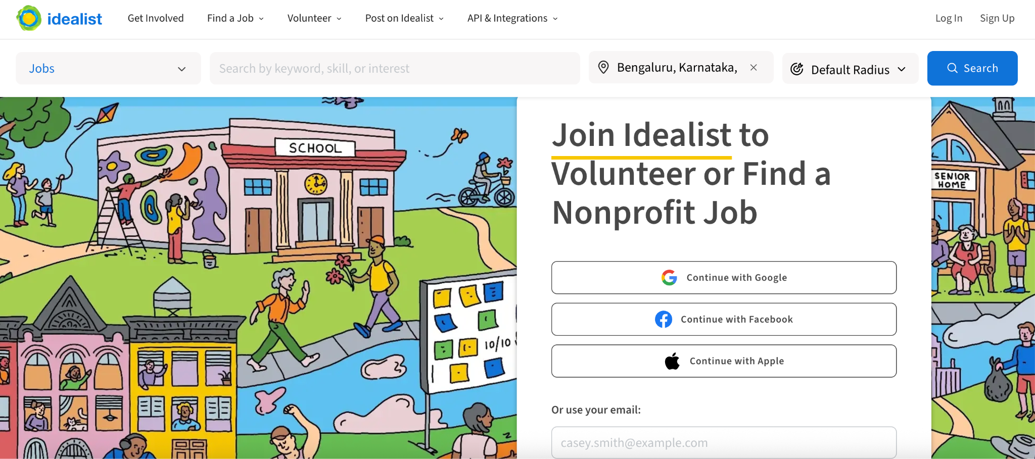banner from idealist's website showing a caricature of people volunteering for different causes