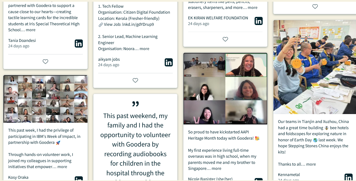 Goodera's social wall showing experiences narrated by employee volunteers and posted on LinkedIn