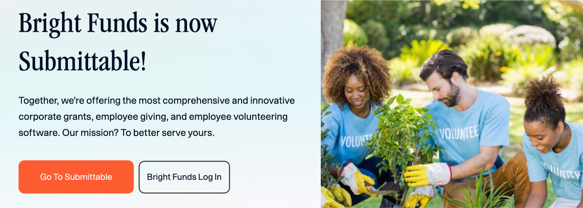 Bright Funds' website banner showing people volunteering.