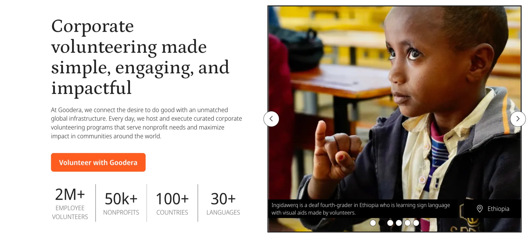 Goodera's website banner with global corporate voliunteering opportunities for brands