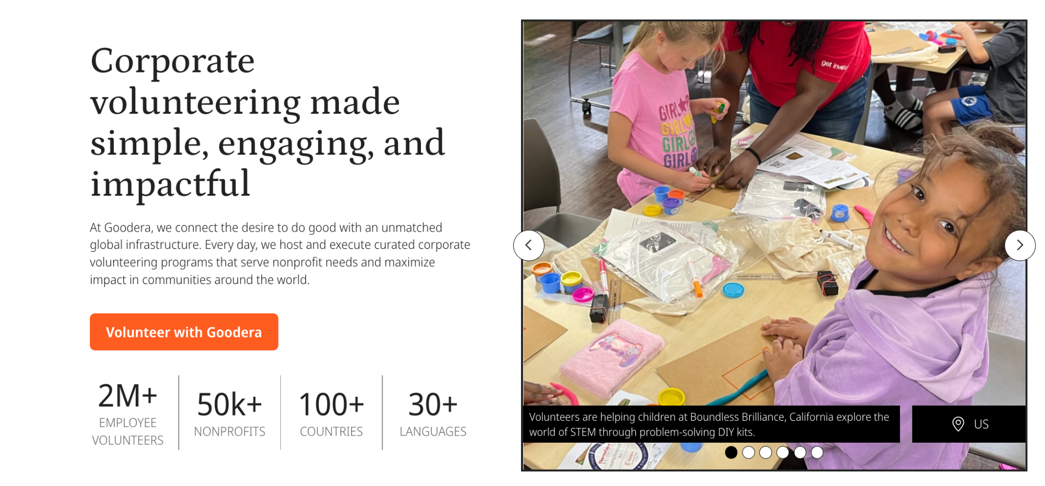 Goodera's hero banner titled, 'Corporte volunteering made simple, engaging, and impactful.'