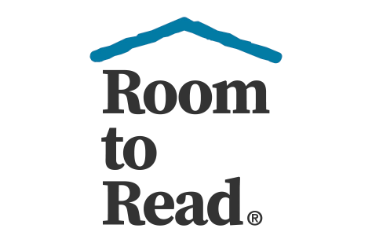 Room to Read's brand logo featuring a blue line diagram of a roof with the brand name written under it.