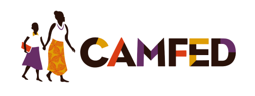 The CAMFED brand logo featuring a vector display of a teacher and a child walking on the left and the brand name on the right