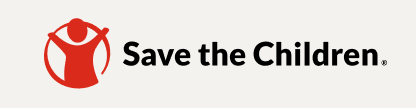 Brand logo of Save the Children featuring a red vector caricature on the left and the brand name on the right
