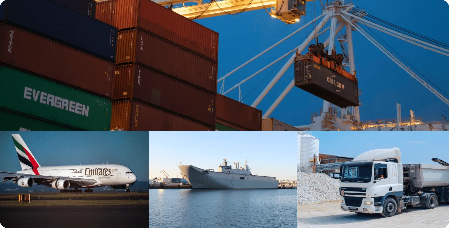 Different transportations of ships, airplanes, etc.