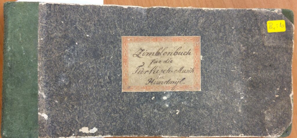 Etikette eines historischen Notenbuchs für Zimbal (Tschinelle)