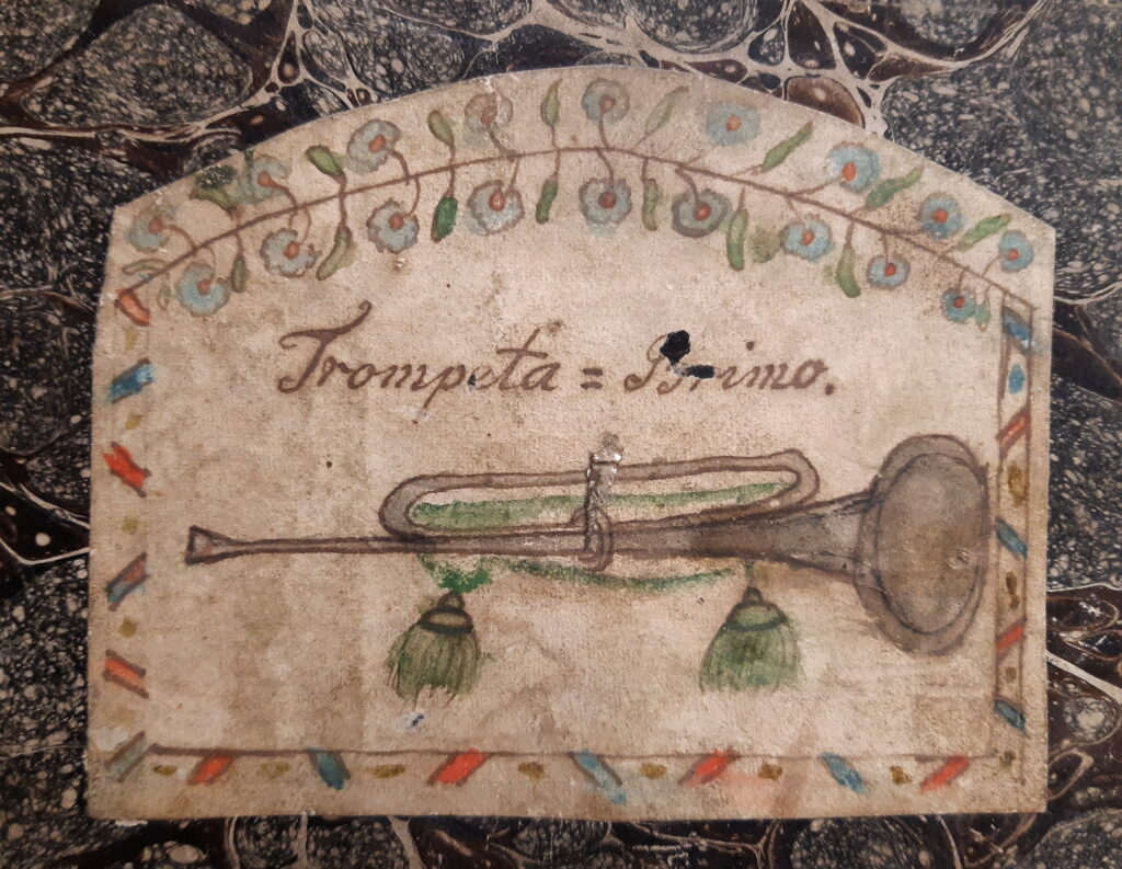 Etiquette d'un recueil de partitions historique pour première trompette