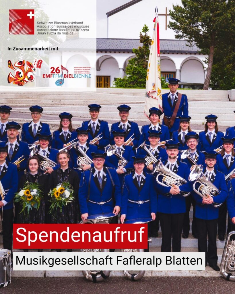 Gruppenbild der MG Fafleralp Blatten mit Text «Spendenaufruf»