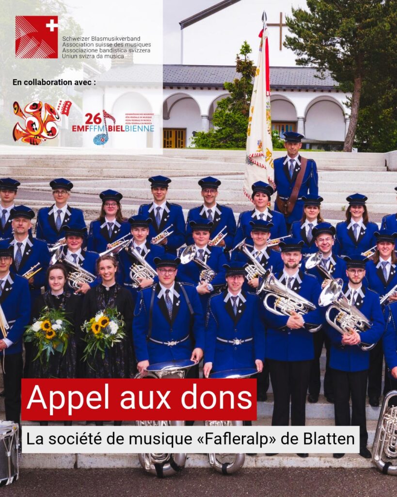 photo de groupe de la Gruppenbild société de musique «Fafleralp» de Blatten avec une texte pour l'appel aux dons