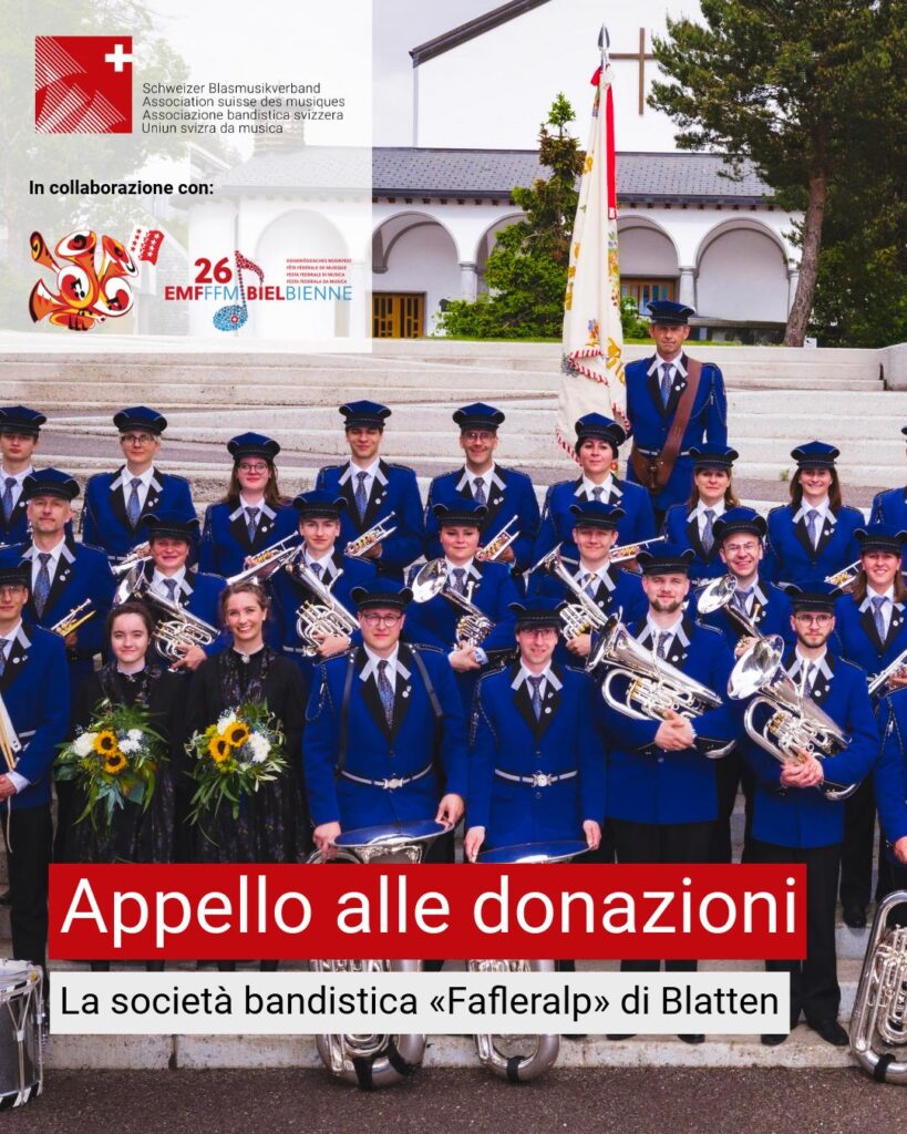 photo de groupe de la Gruppenbild société de musique «Fafleralp» de Blatten avec une texte pour l'appel aux dons