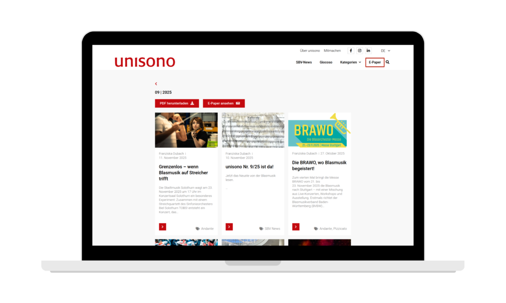 Mockup des Menüs «E-Paper» auf unisono.windband.ch