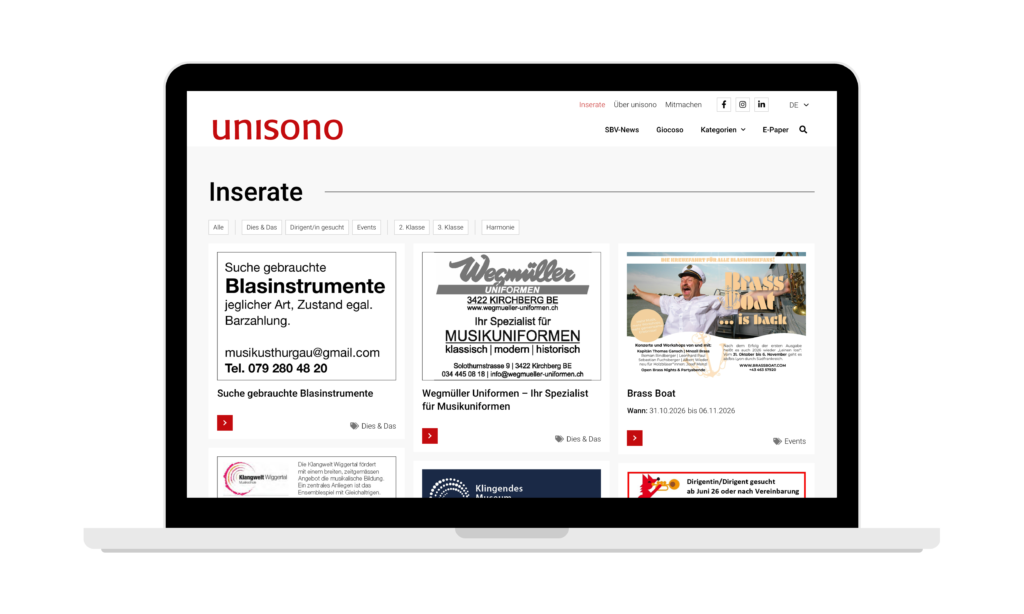 Mockup de la page d'annonce sur unisono.windband.ch