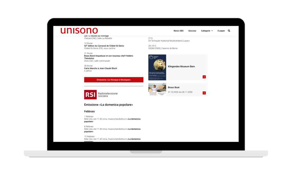 Mockup des annonces sur la page «Musique à vent en direct» sur unisono.windband.ch