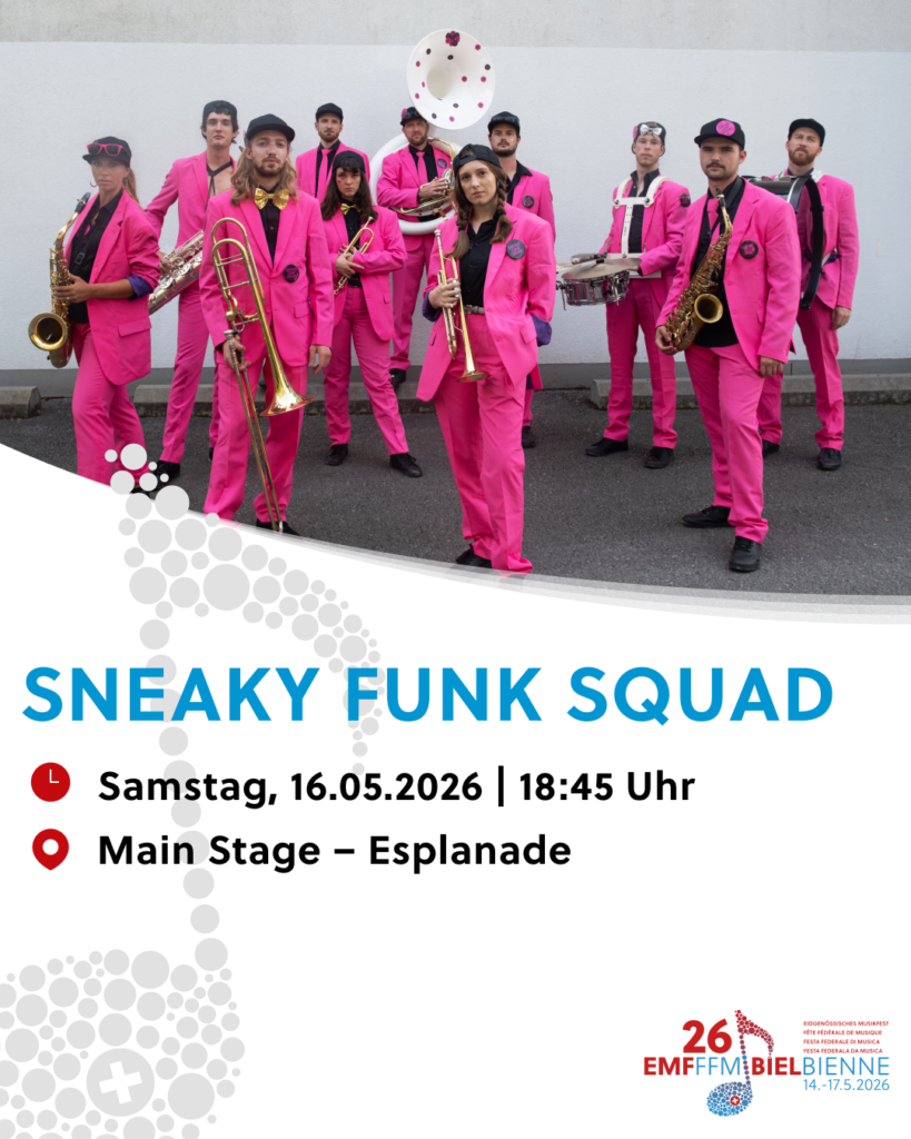 Foto della band con informazioni sul concerto del Sneaky Funk Squad alla FFM26
