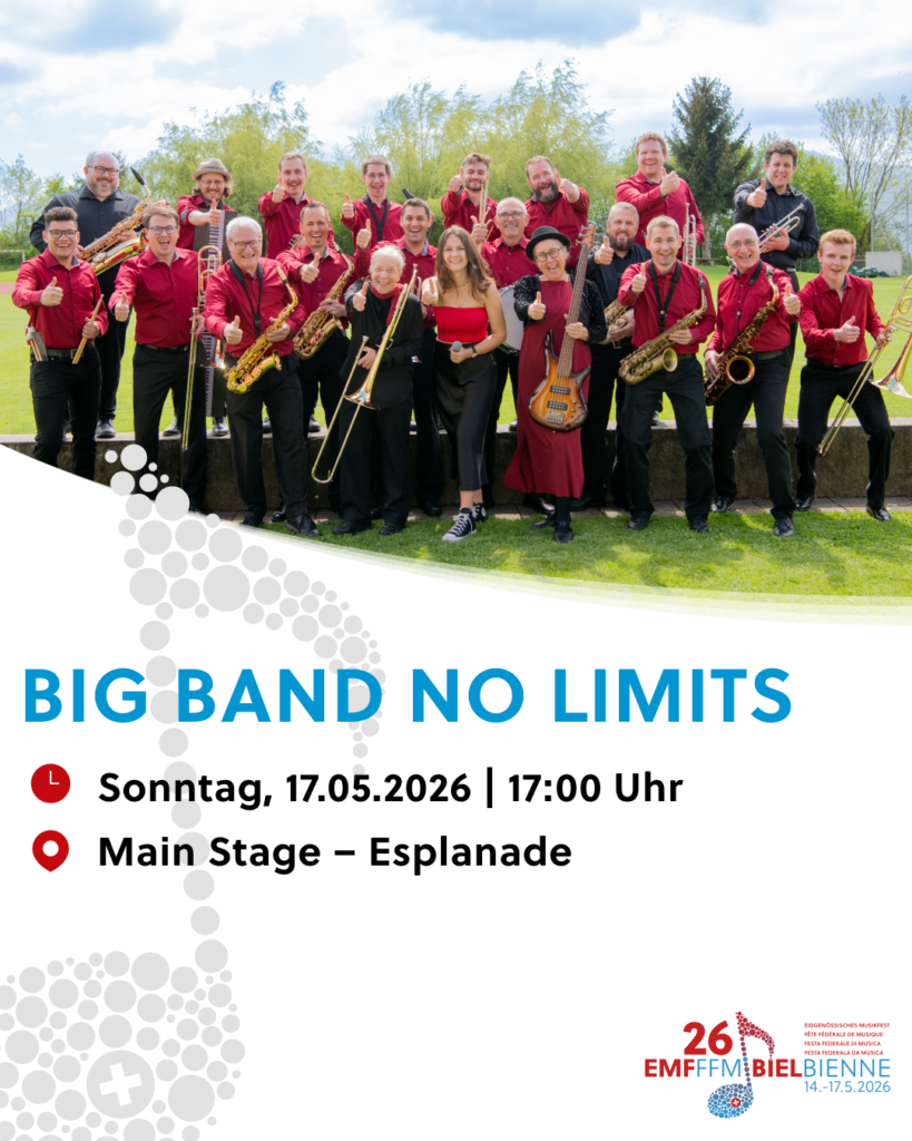 Foto della band con indicazione del concerto della Big Band No Limits alla FFM26