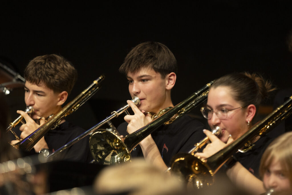 Sezione dei tromboni mentre suona sul palco