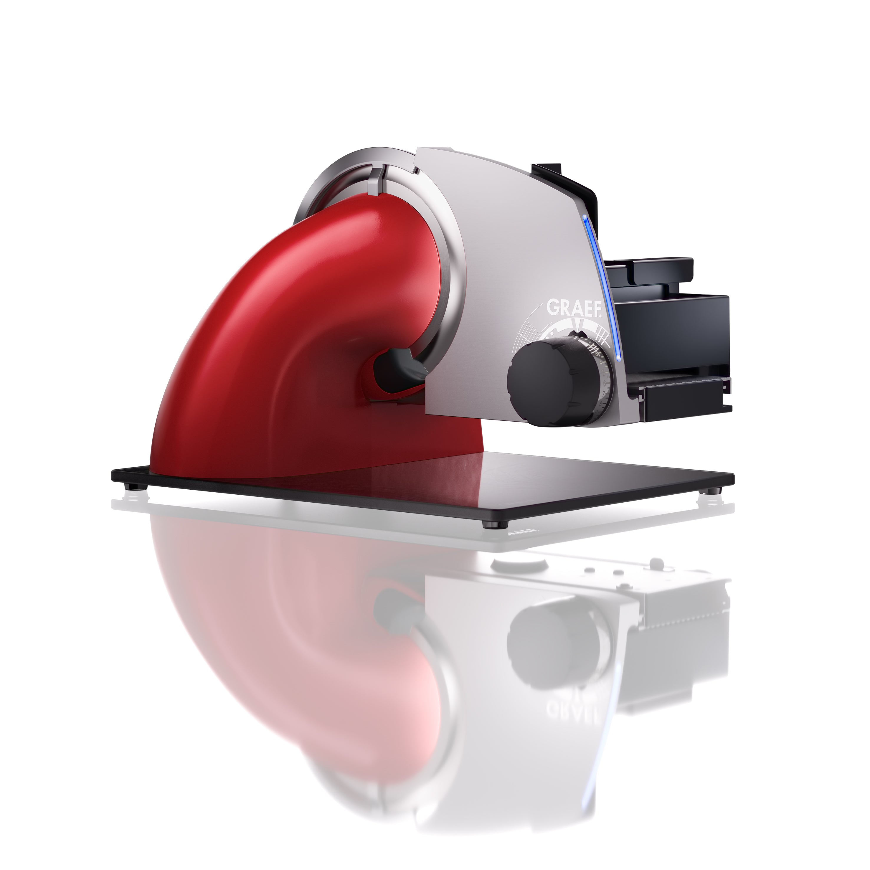 Stilvoller Feinschneider in Vollmetallausführung und mit einzigartigem Beleuchtungskonzept, Freitragend, mit massiver bruchsicherer Glasbodenplatte. Glattes, freilaufendes Vollstahlmesser aus Edelstahl
mit Hohlschliff, Ø 170 mm, für hauchzarte Schneideergebnisse und noch mehr Aroma. Das glatte Vollstahlmesser kann zu Hause selbst nachgeschliffen werden. Stufenlose Schnittstärkeneinstellung, 0–20 mm.
170-Watt-Kondensatormotor, wartungsfrei. Moment und Dauerschalter: Messer rotiert dauerhaft oder nur Schnitt für Schnitt. Messerabdeckplatte aus Edelstahl, für weniger Reibung und leichteres Schneiden.
Stabiler und leichtgängiger Schlitten mit Edelstahlauflage. Inkl. Minisliceaufsatz und Messerschärfer.
Der Allesschneider liefert perfekte Ergebnisse, auch für Brot geeignet.
 
Inhalt:

Allesschneider rubinrot,
Breite 37cm, Höhe 25cm,Tiefe 31,5cm
Gewicht 7,5kg
Motor 170W, stufenlose Schnittstelleneinstellung 0-20mm
Kindersicherung, Störungsanzeige uvm.
Messer: Vollstahlmesser mit Hohlschliff
Originalkarton
