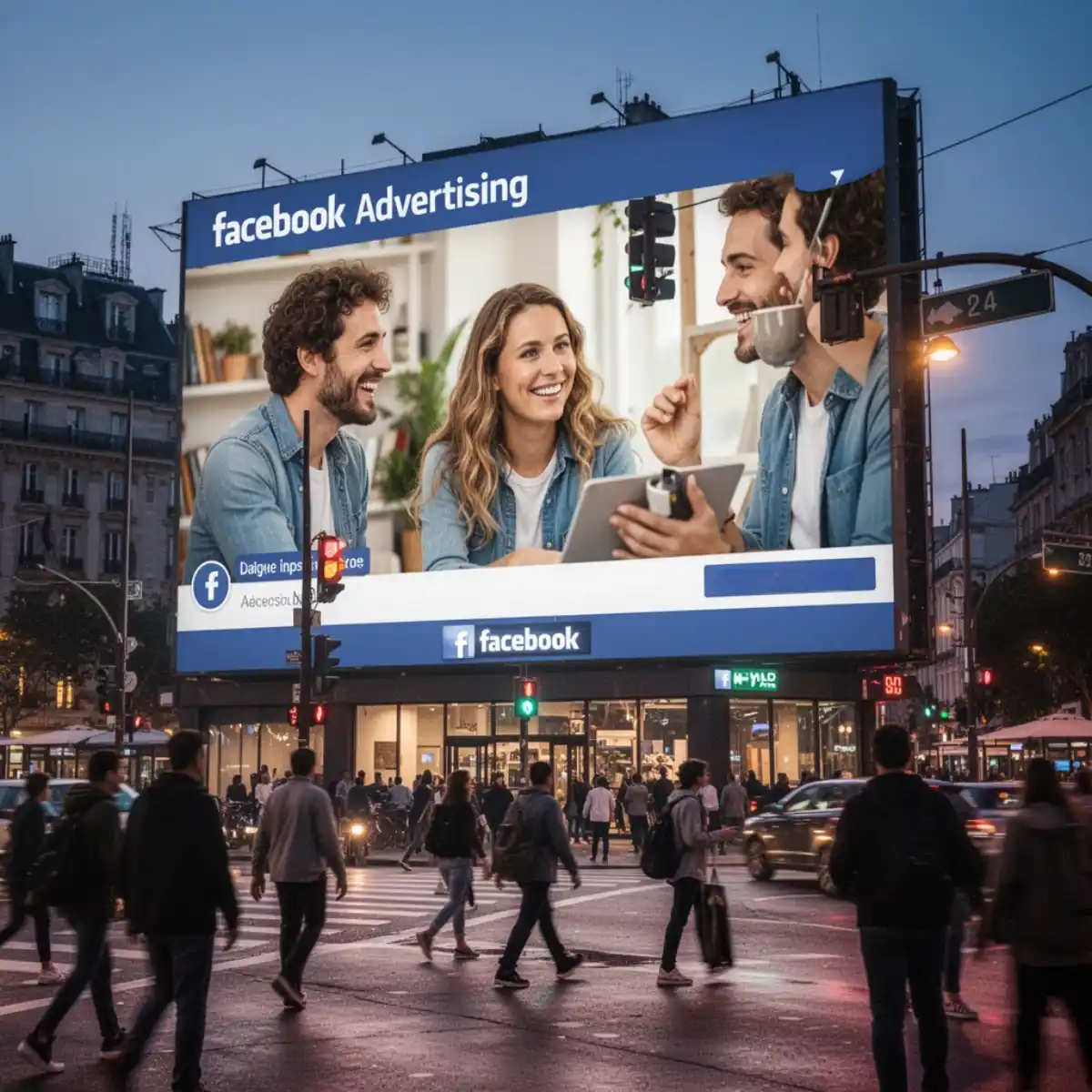 A large Facebook Advertising billboard featuring smiling professionals overlooks a busy city intersection at dusk with pedestrians crossing the street.