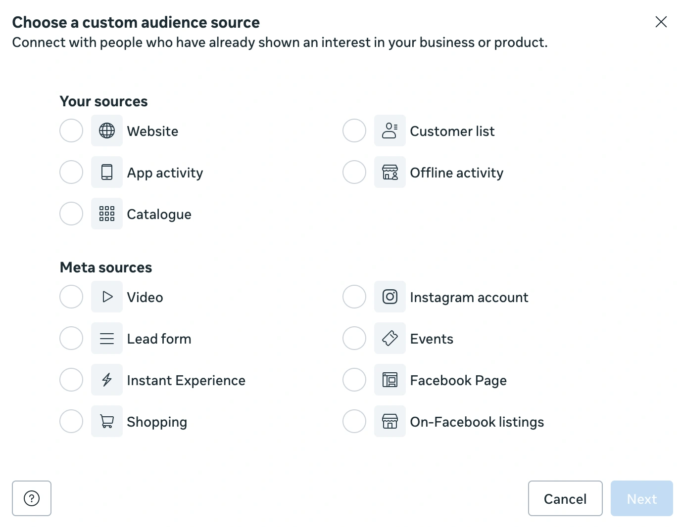 A screenshot of the Meta Ads Manager Custom Audience Source window, showing options to connect with people via website, customer lists, or Meta sources like lead forms and videos.