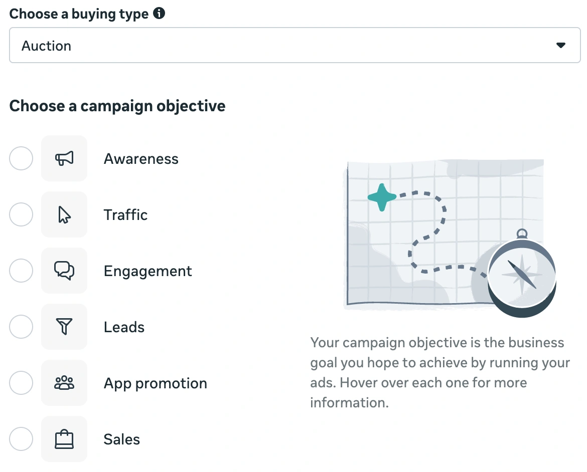 A screenshot of the Meta Ads Manager Campaign Objective selection screen, showing a list of goals including Awareness, Traffic, Engagement, Leads, App promotion, and Sales.