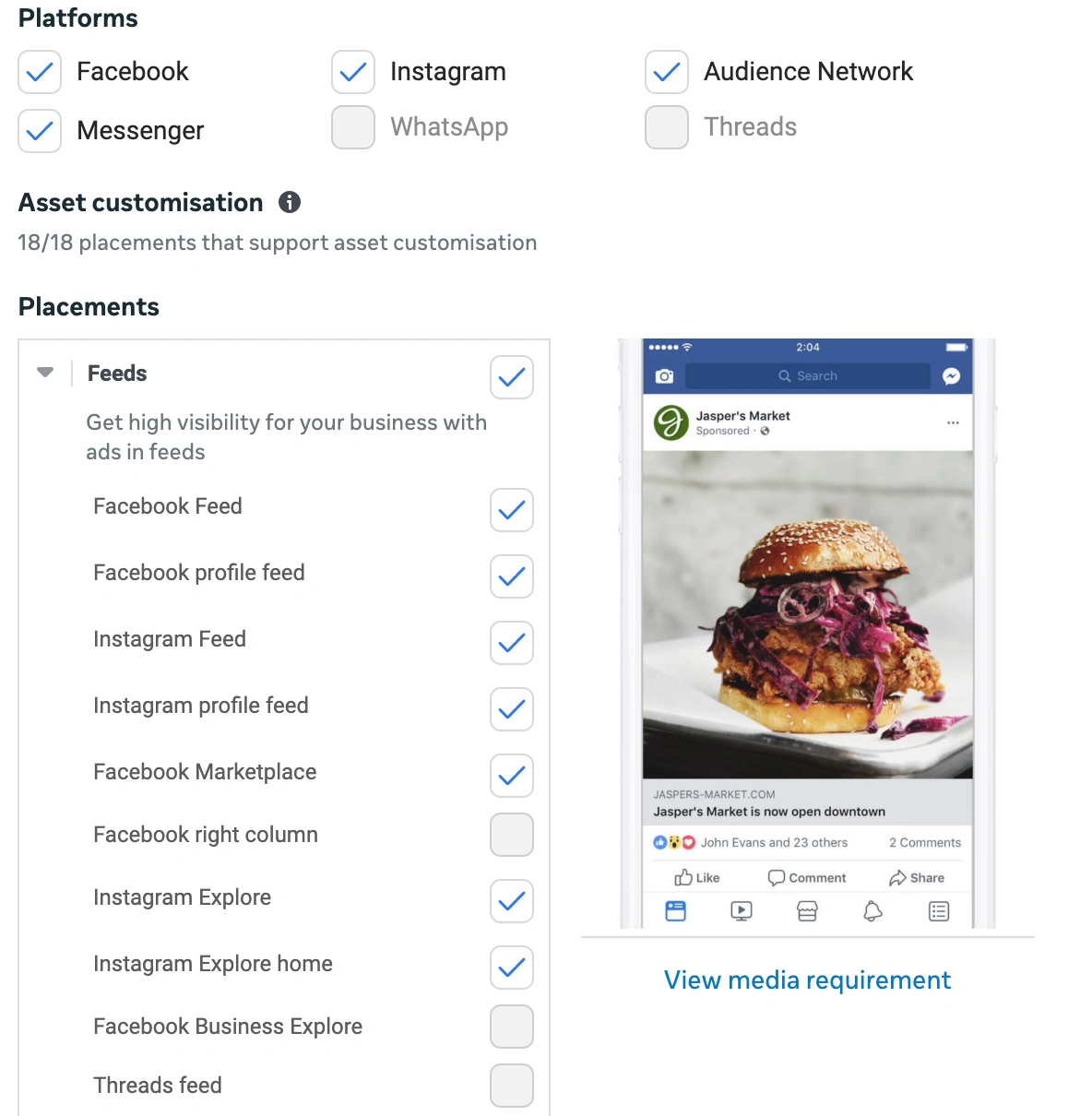 A screenshot of the Meta Ads Manager Placements and Platforms selection screen, showing various ad delivery options like Facebook and Instagram feeds, along with a visual preview of a mobile feed ad.