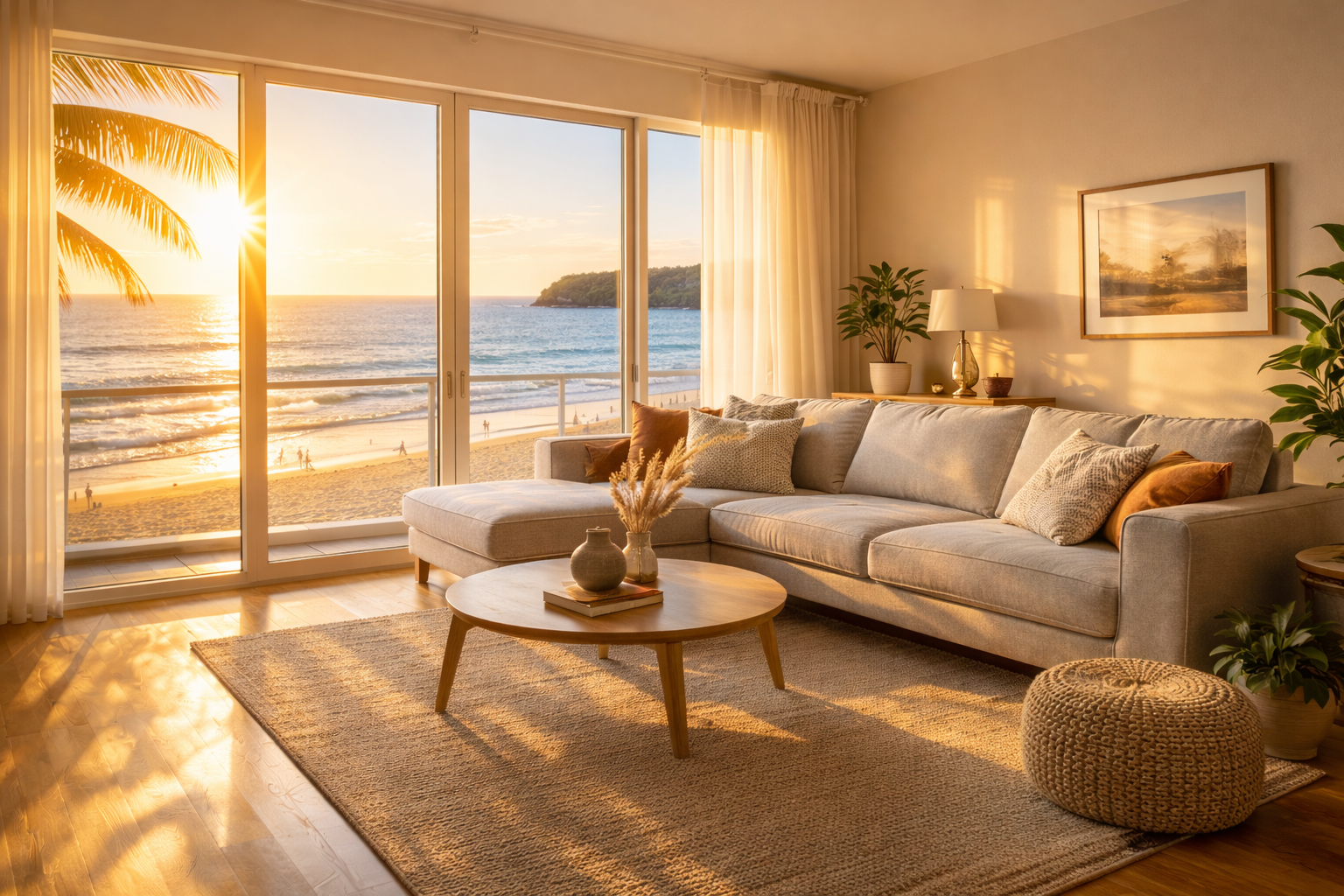 Living room with sunlight heating beach-facing windows during summer afternoon