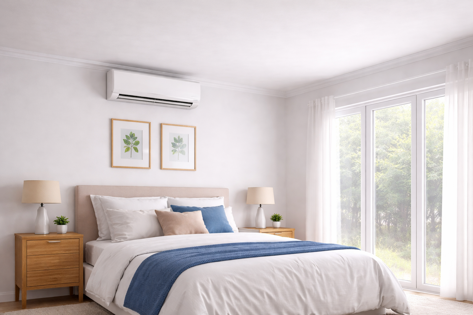 Split system air conditioner installed in a small cosy bedroom