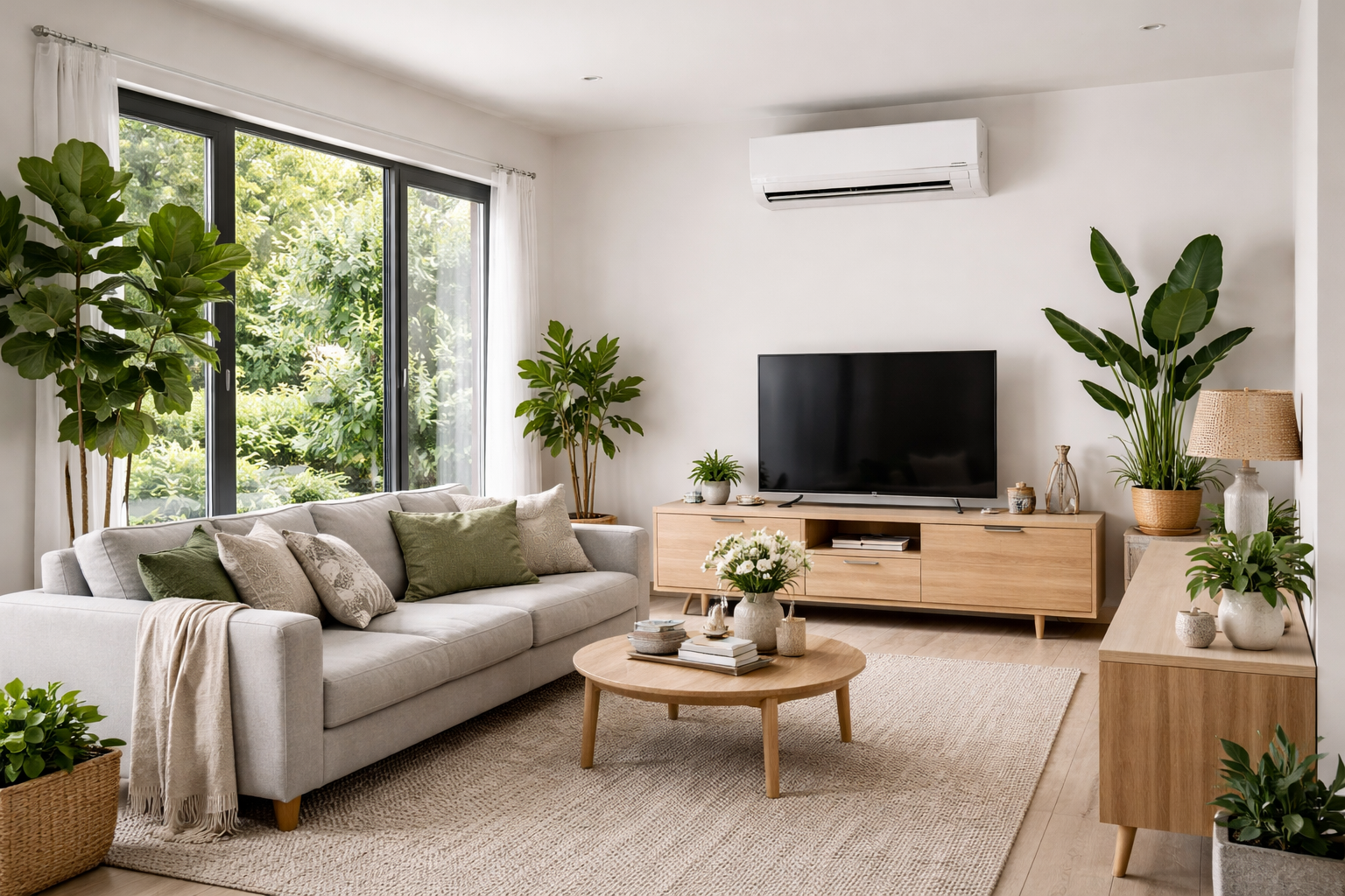Split system air conditioning installed in a cosy and spacious living room