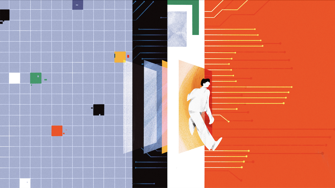 A person stepping from a grid through squares to lines going in different directions.