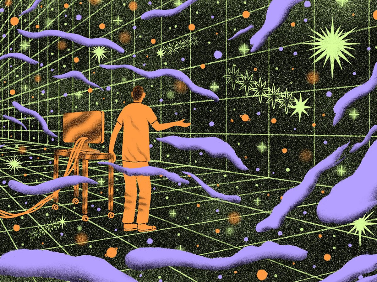 A person with a computer in a room that expands into space.