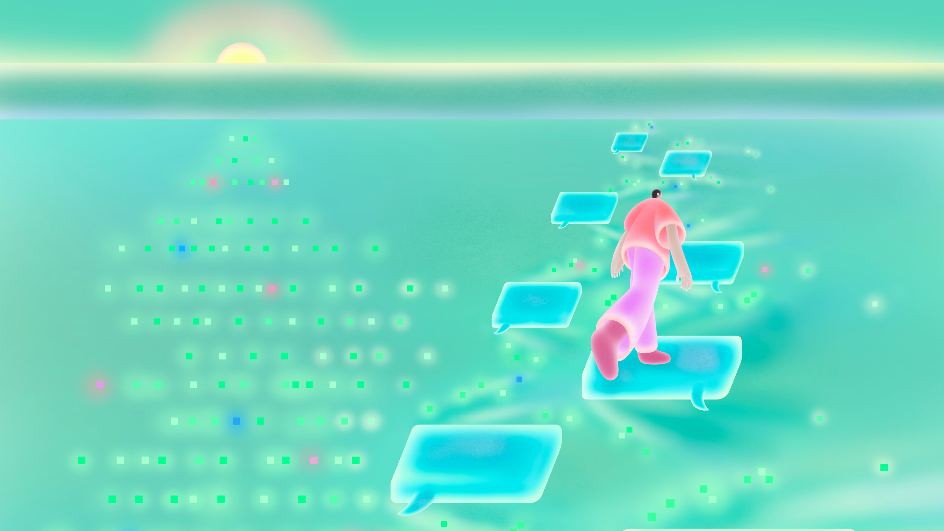 Person walking on content that AI is generating as if they are stairs/stepping stones.