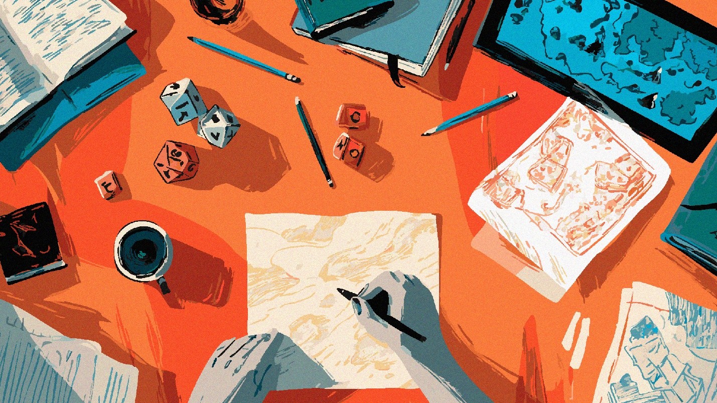 A table covered in dice and arts and crafts materials.