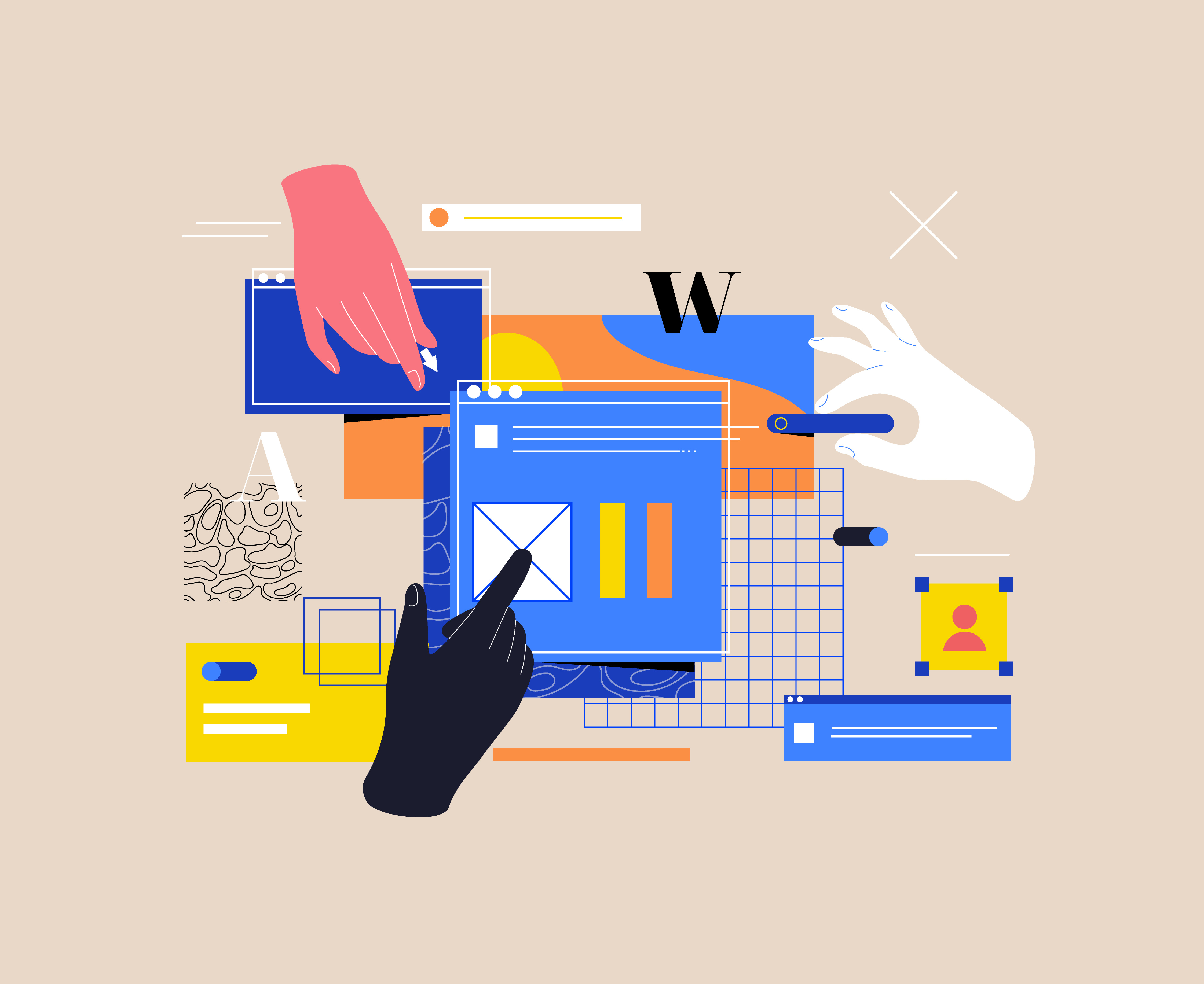 Hands putting together different tools, charts, and screens.