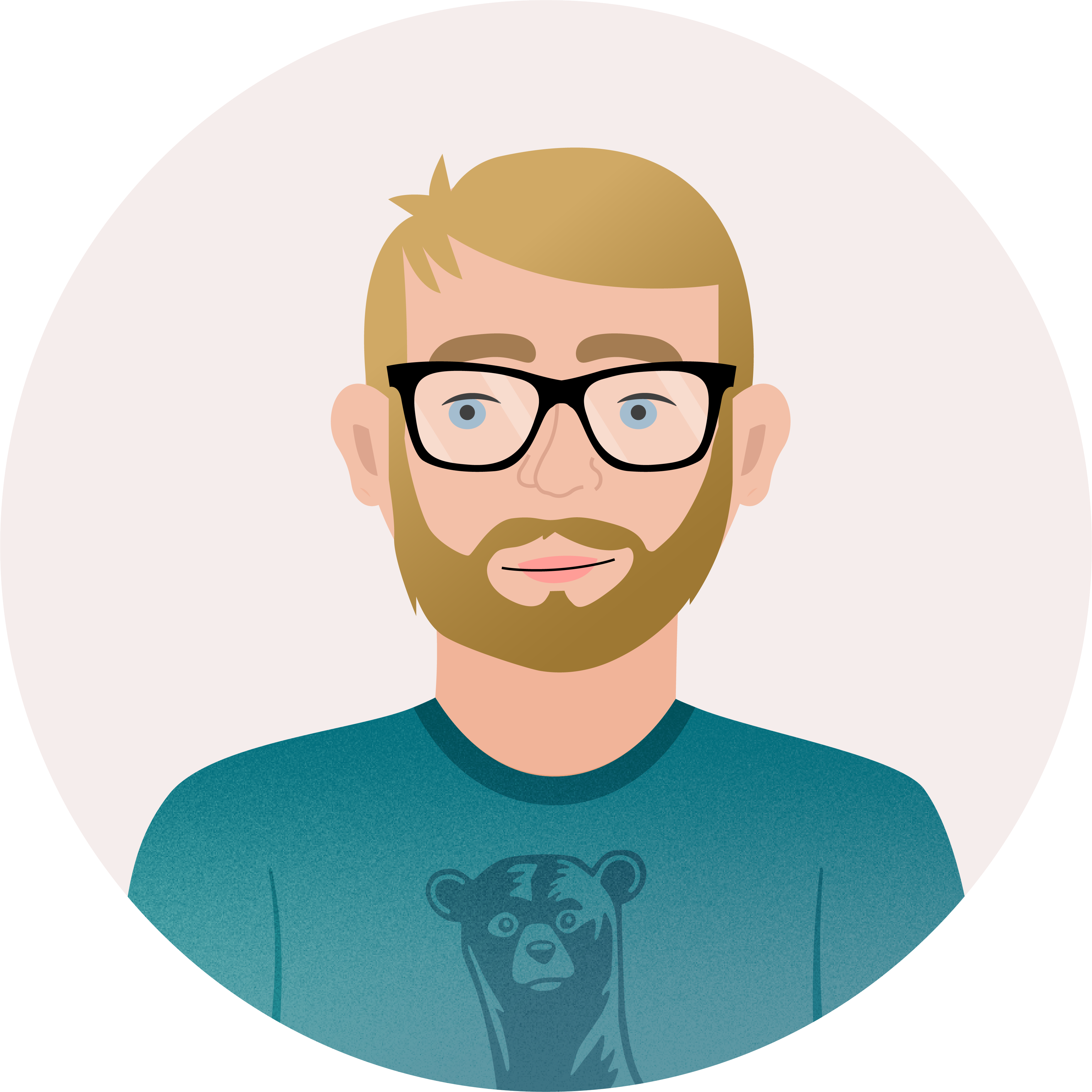 Custom illustration portrait of Silver Fox Productions' Director of Creative Services Mitchell wearing a teal hoodie