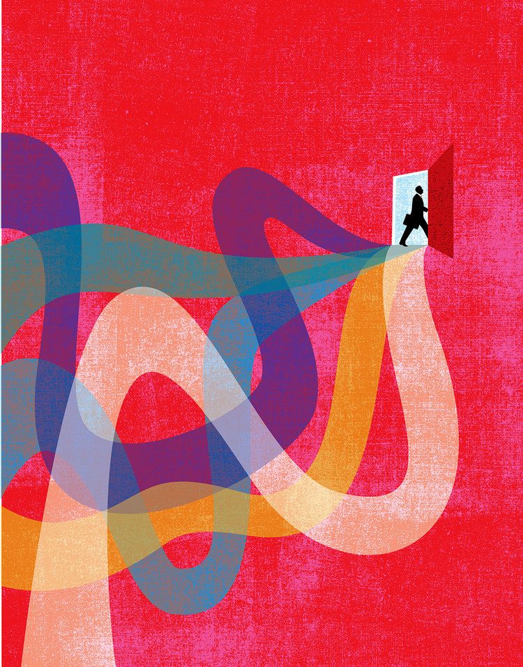 Many paths leading a person to one door.