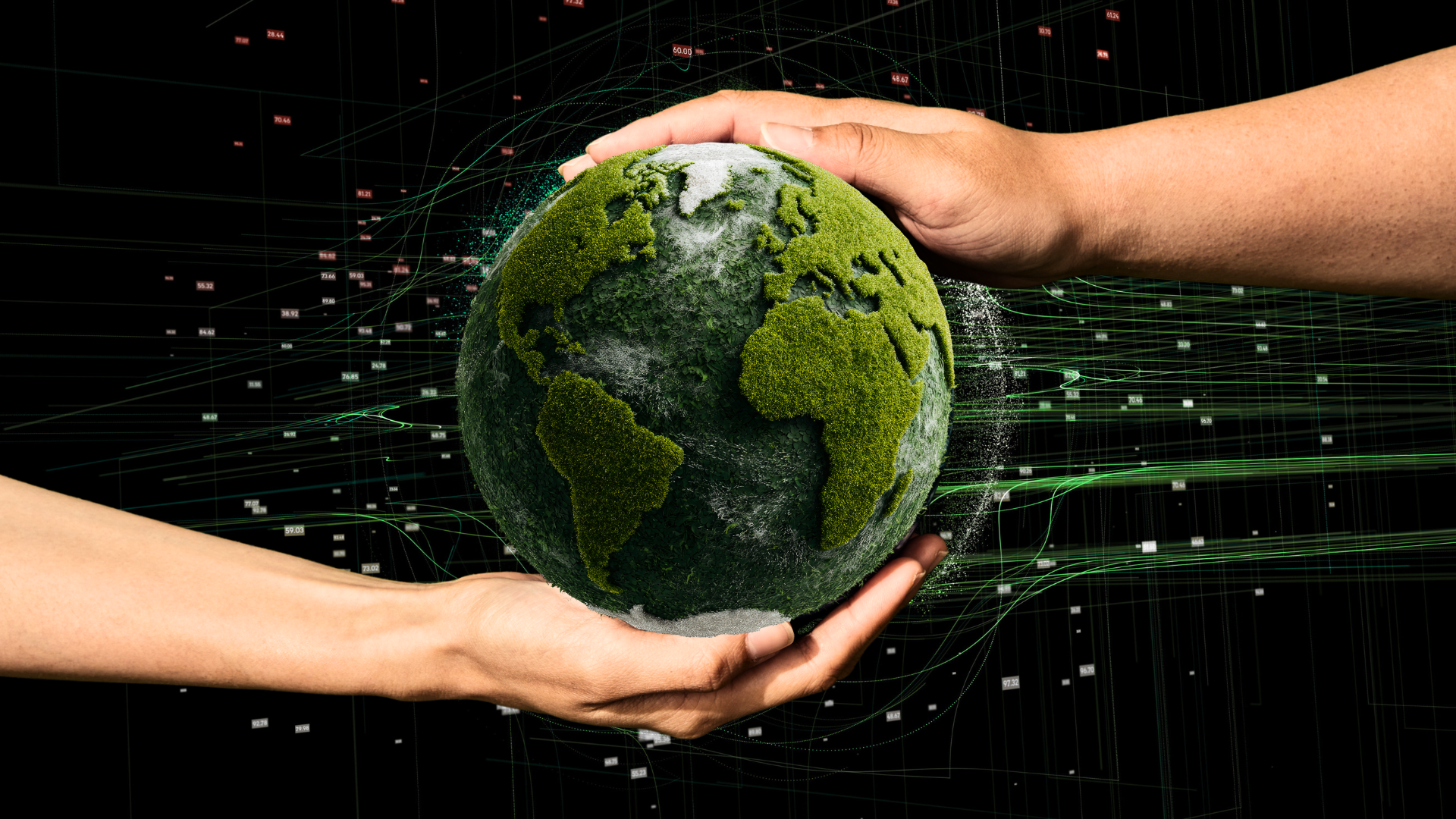 2 hands holding a planet Earth that is entirely covered in plants and foliage. They are holding it in front of an green, abstract tech background. 