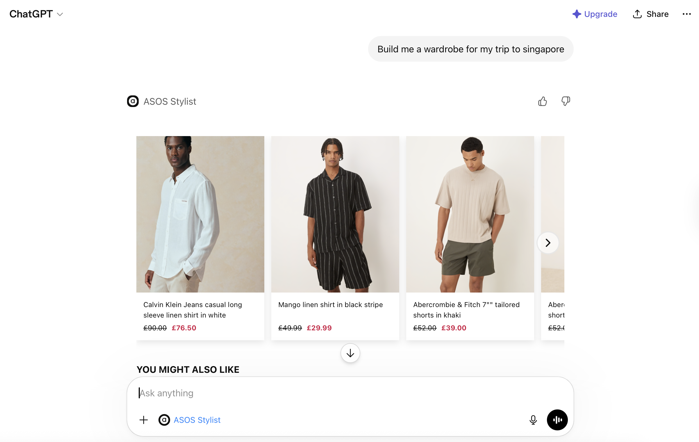 A screenshot of the ASOS AI Stylist application in ChatGPT. The prompt is to build a wardrobe for a trip to Singapore. The response is vaious items of clothing including a Calvin Klien Jeans casual long sleeve linen shirt inhite and a Mango linin shirt in a black stripe.