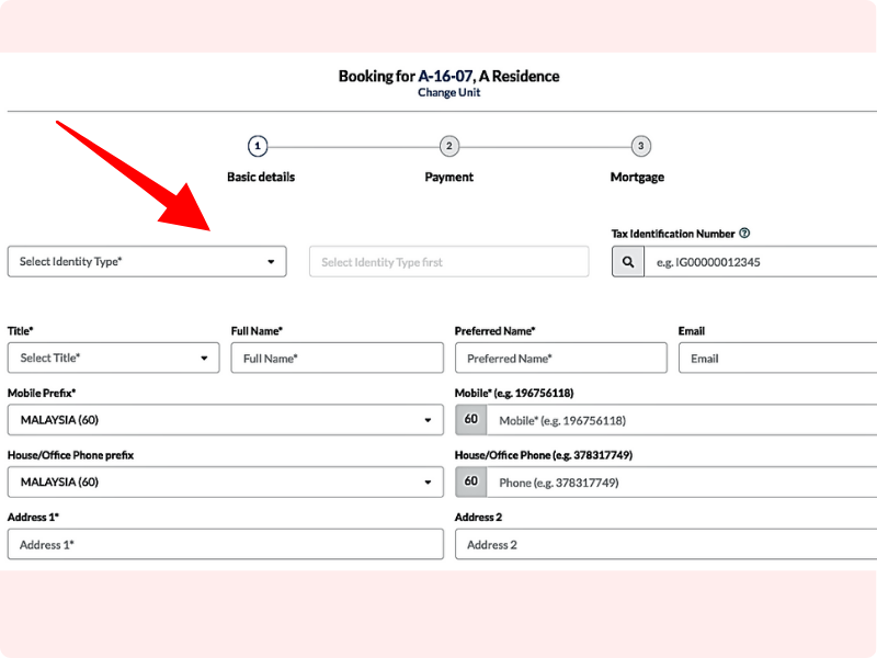 Screenshot of MHub Showroom’s digital buyer registration and unit booking form with highlighted compulsory fields