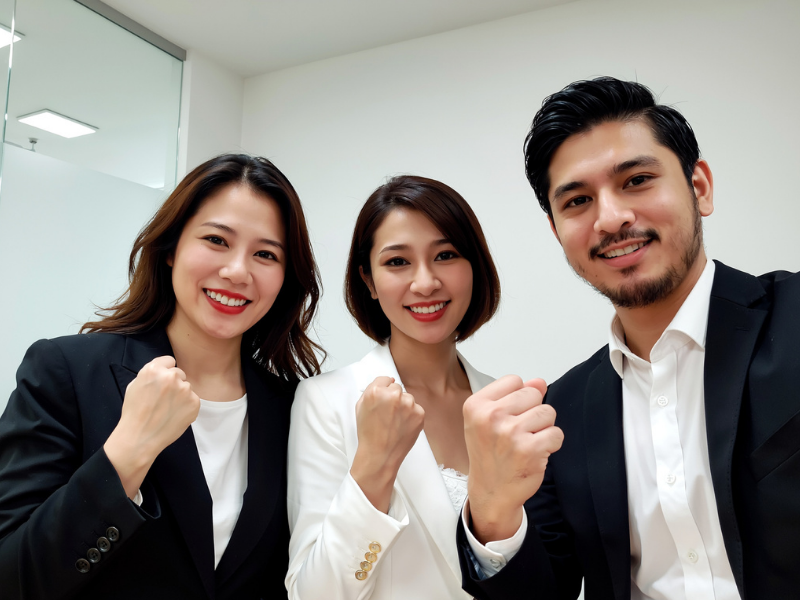 Three smiling sales agents posing confidently in an office, representing productive property sales team