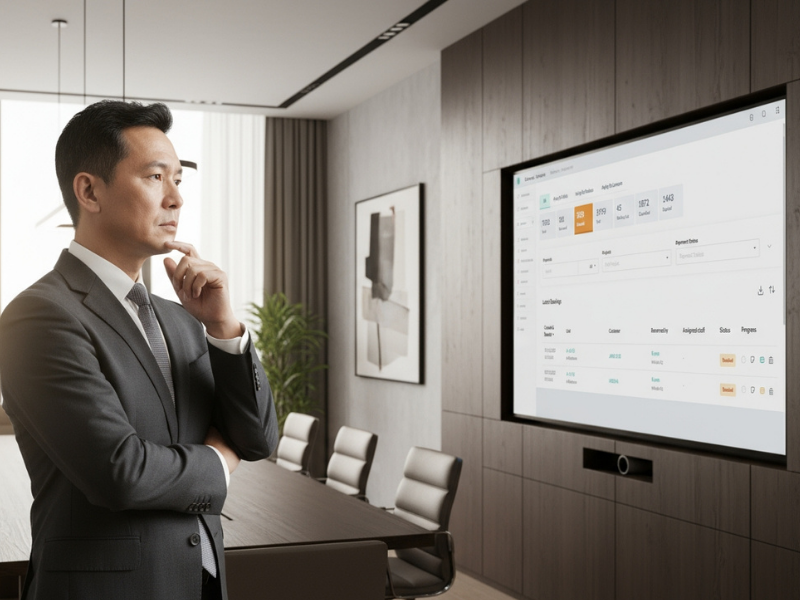 Business professional reviewing MHub Showroom’s real-time sales and loan tracking dashboard on a wall-mounted display.